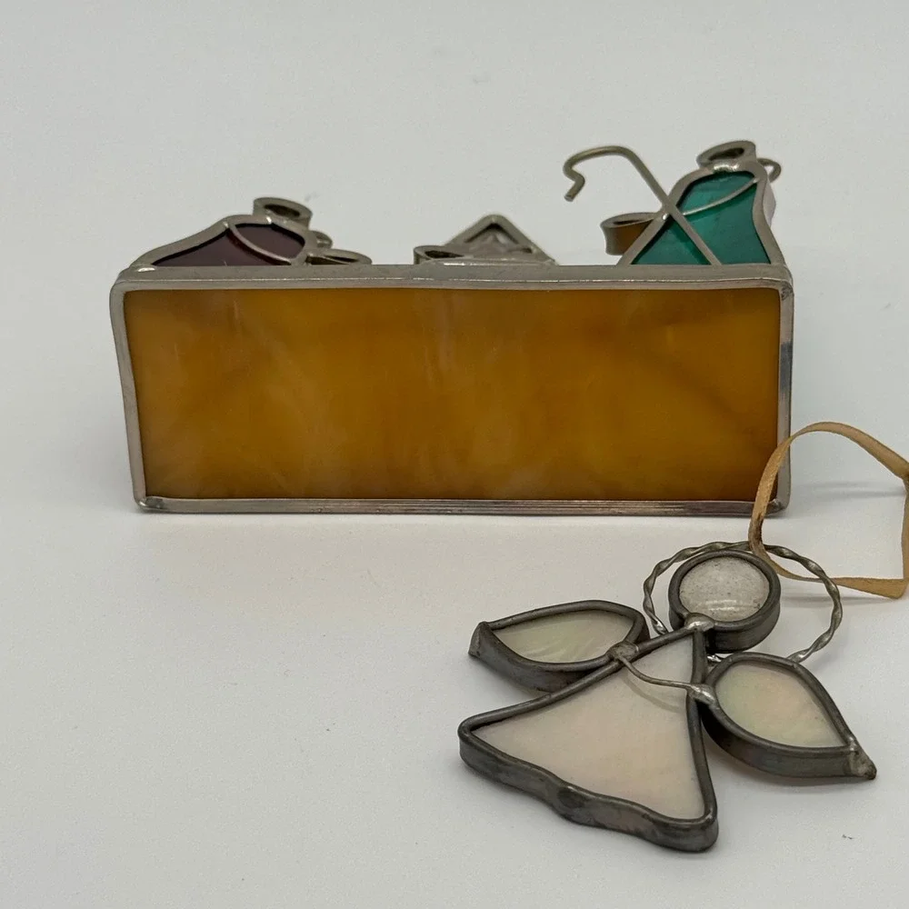 Vintage Stained Glass Nativity Scene Set Miniature Creche & Angel Ornament 4.5x4